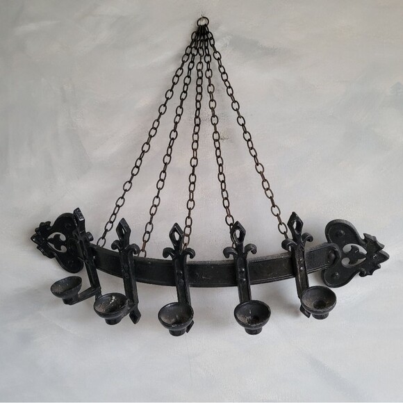 Vintage Curved 5 Candelabra Wall Sconce Candle Holder Metal Black  Gothic 27' - Picture 2 of 15